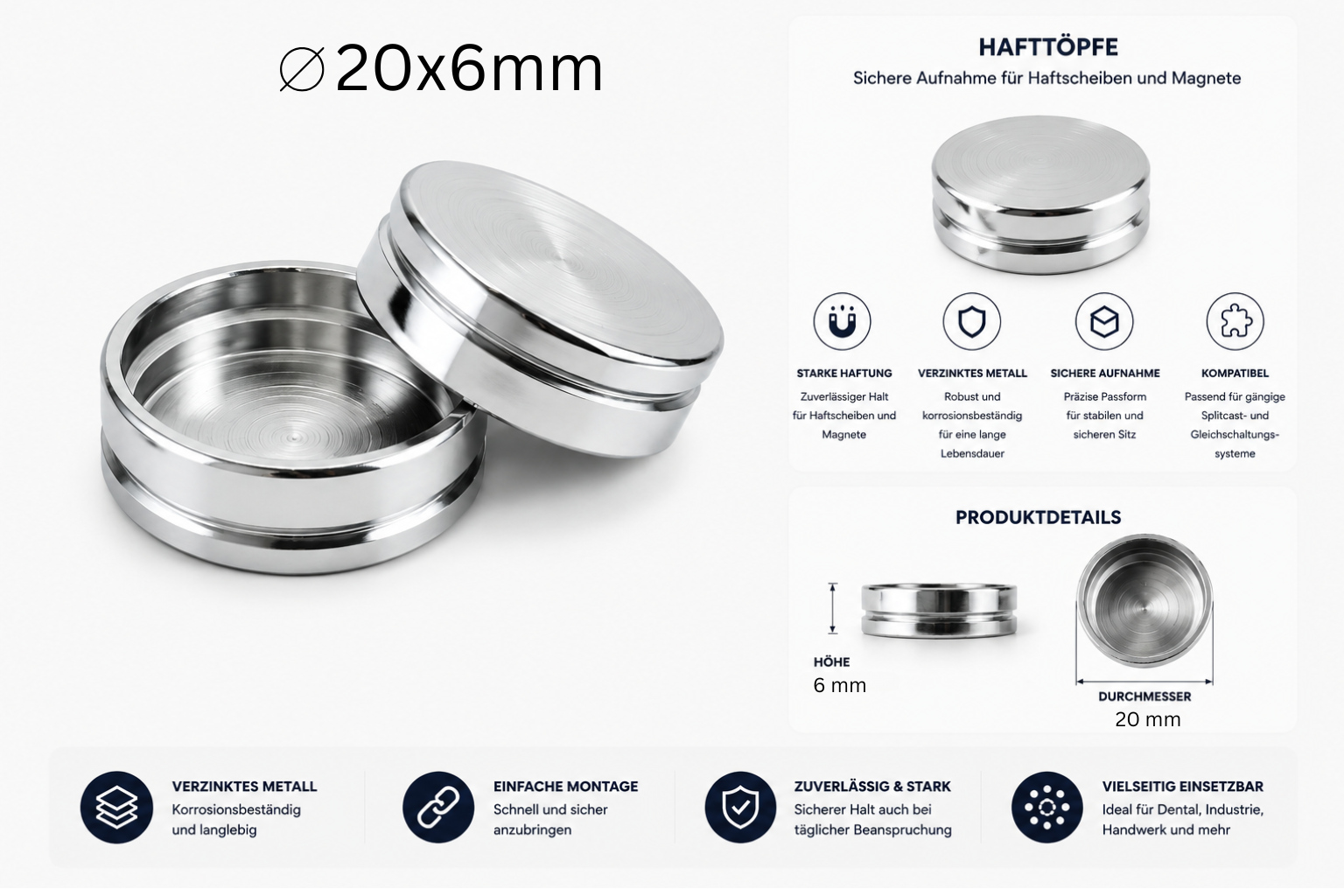 Magnettöpfe gerändelt für Magnete ø 20 x 6 mm